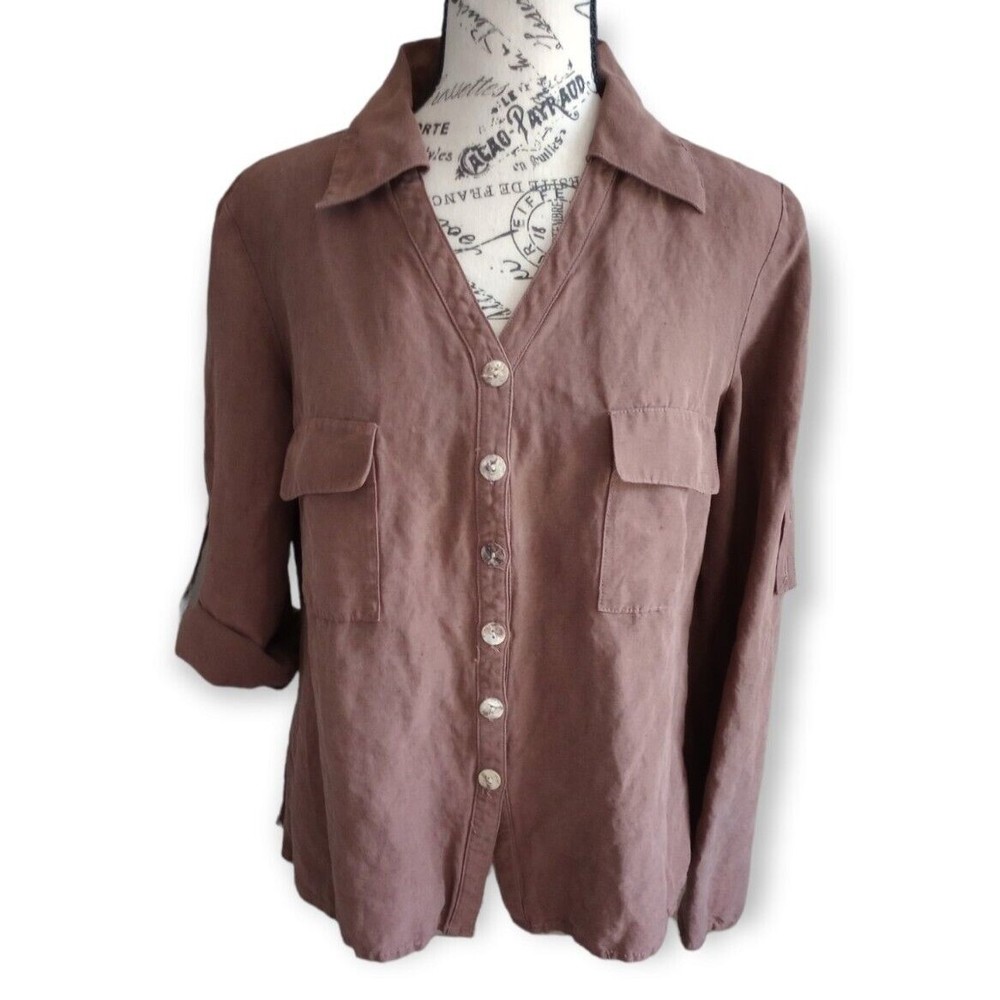 Neiman Marcus Womens Brown Linen Silk Button Down Blouse Camp Shirt Pockets 8